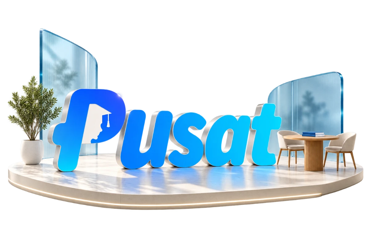 Instalasi konseptual logo PUSAT tiga dimensi dengan kaca biru dan ruang diskusi